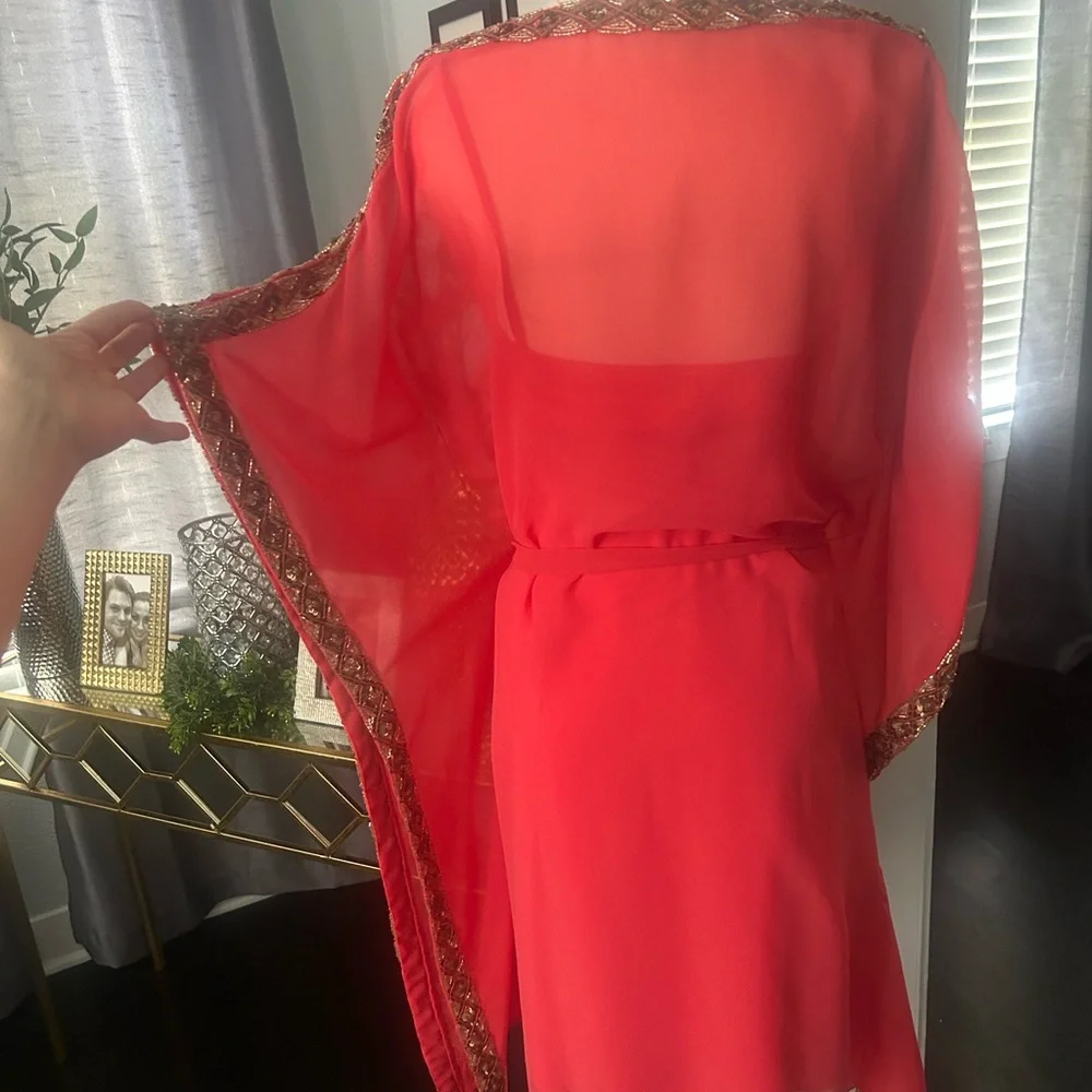 Chic Coral Sheer Dress with Gold Accents - Picture 4 of 4